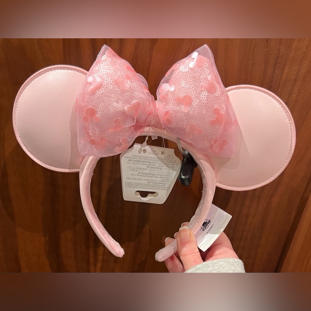 Disney Parks Light Baby Pink Minnie Mouse Ear Headband Bow Tulle Sequin NEW